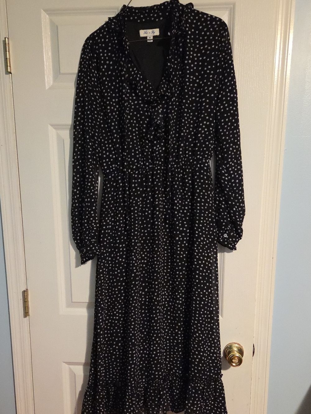 She + Sky Black Polka Dot Long Sleeve Midi Dress